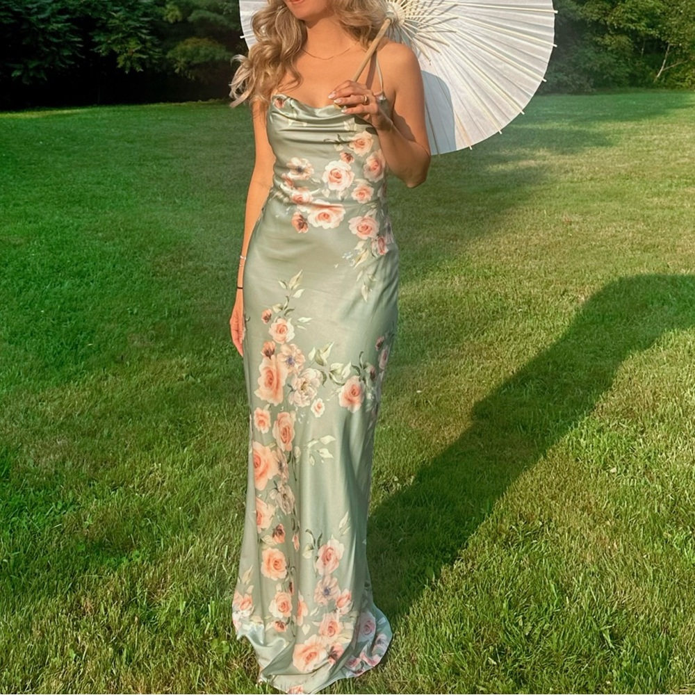 Floral Satin Green Dress